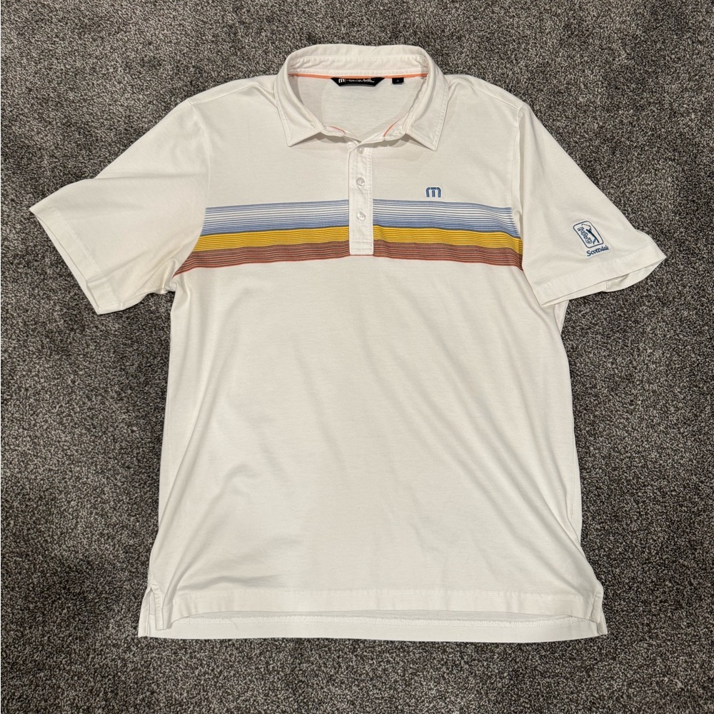 Travis Mathew Cream Polo with Multicolor Stripes